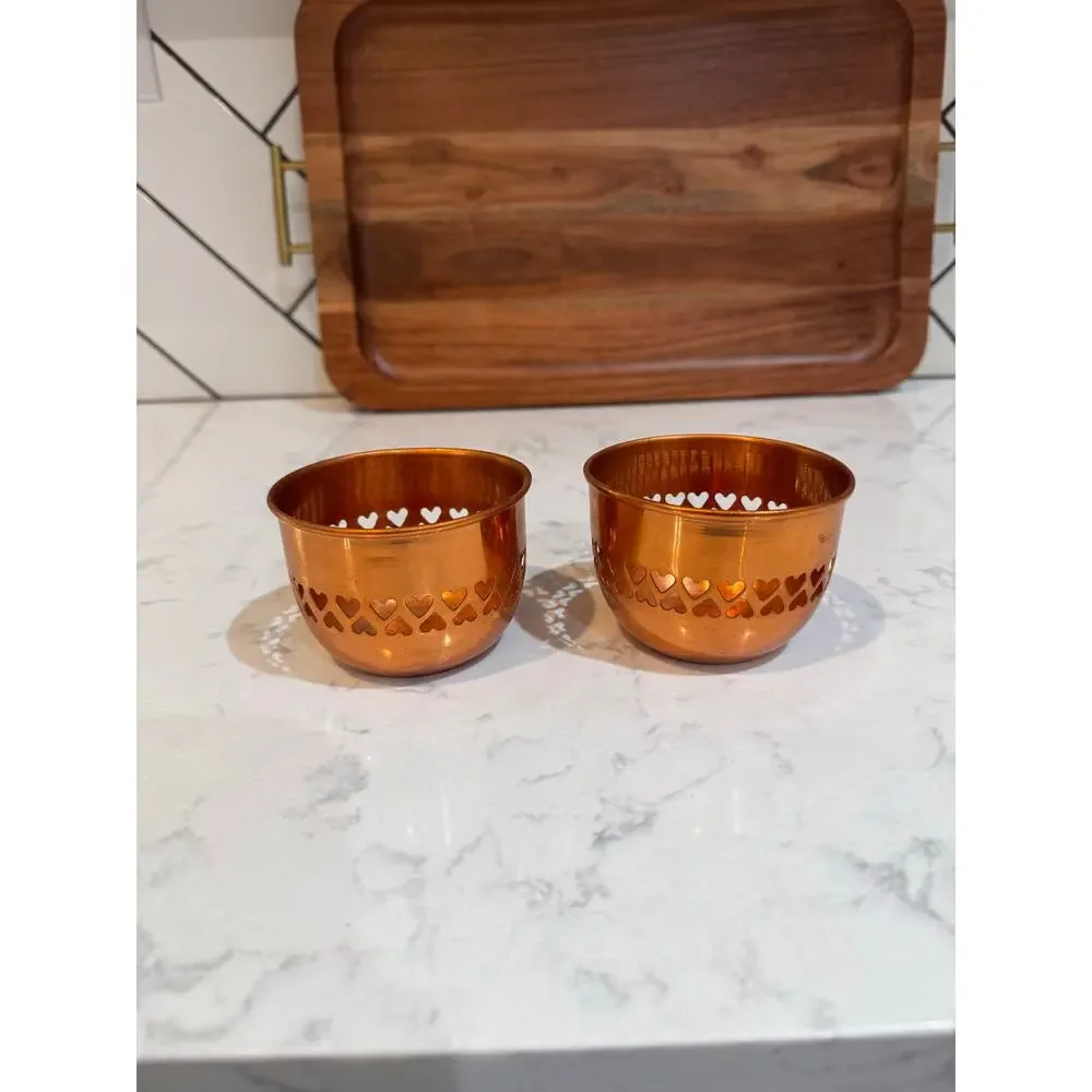 Pair of polished copper-heart cutout border 90s tea light candle holders Vintage